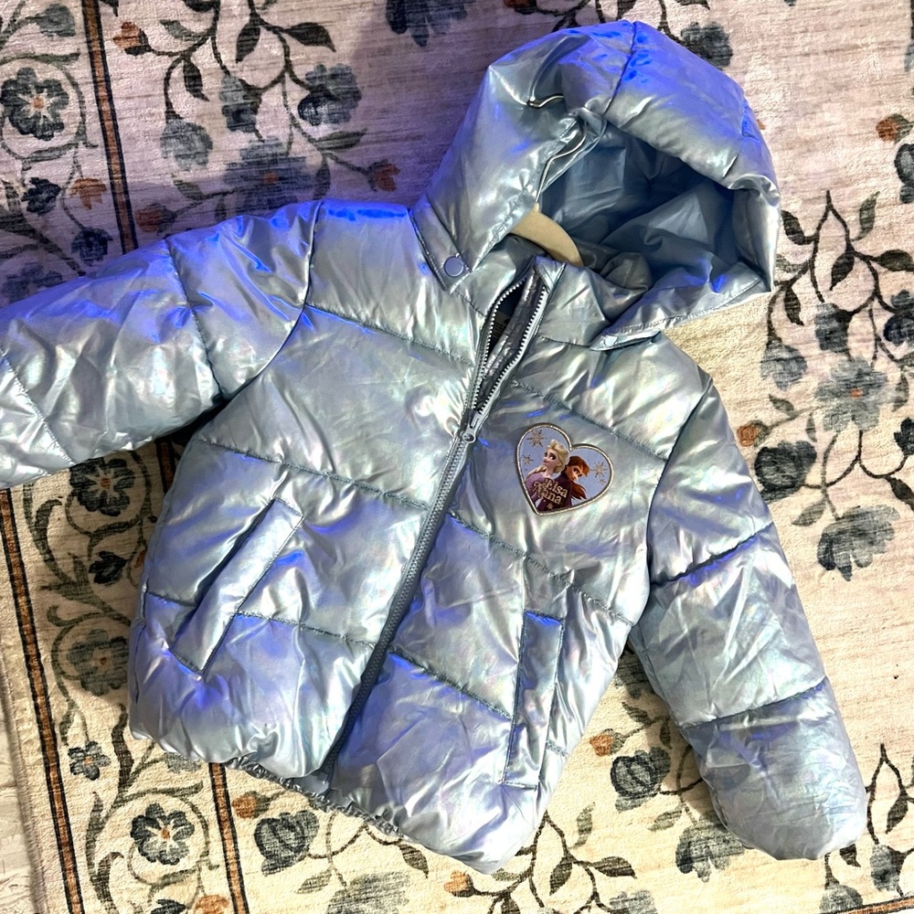 Disney toddler girls Frozen Elsa & Anna metallic blue puffer jacket with hood 5T